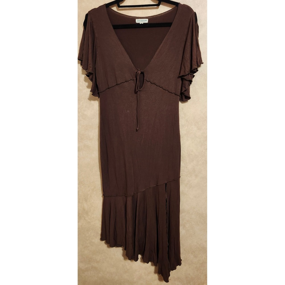 Earthbound Trading Co Brown Boho Asymmetrical Ruffle Midi Dress Cold Shoulder M